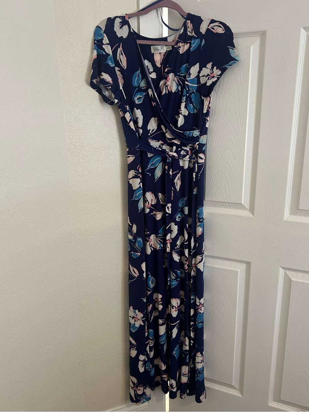Eliza J Navy Floral Faux-Wrap Maxi Dress with Teal & Cream Blooms